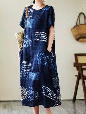 Stylish Spring/Summer Linen Print Casual Loose Fit Short Sleeve Dress