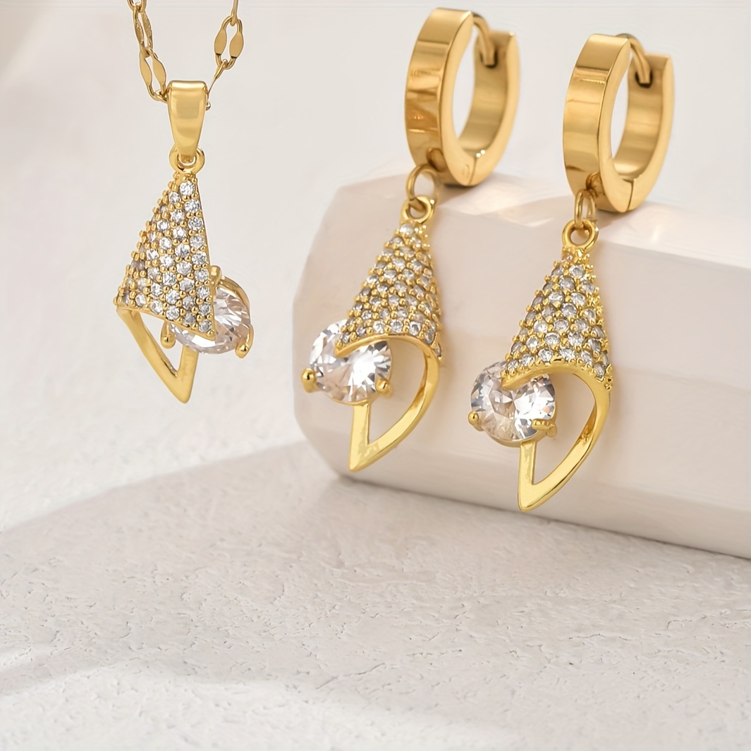 3pcs Set of Stainless Steel 18K Gold Plated-Plated Cubic Synthetic Cubic Zirconiaia Geometric Heart Earrings, Ins Light Luxury Romantic Style, Vintage Minimalist Fashion Trend, Versatile for Women and Couples, Suitable for Street, Daily Commute - Image 5