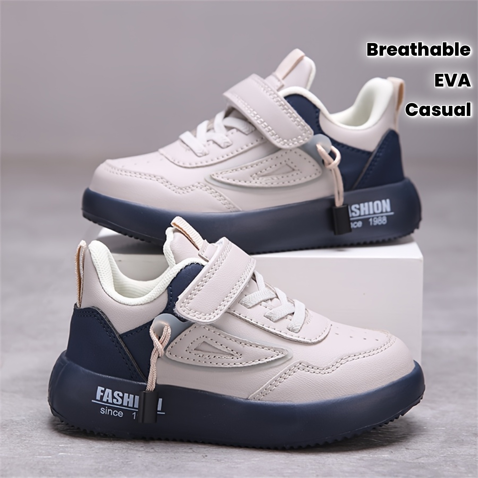 Boys' Lightweight EVA Soft Sole Sneakers with Closure - Breathable Fabric Lining, Low-Top Casual Shoes for Running, Hiking & Outdoor Activities, White & Navy Blue, Boy Sneakers, Running Footwear, Vintage Style, Durable Construction, Schoolboy Style, Young Athletes