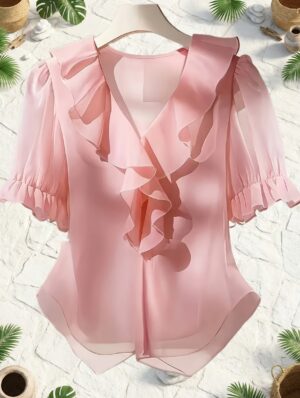 Elegant V-Neck Short-Sleeve Blouse with Ruffled Collar - Sheer Suitable for - Wear, Machine Washable Casual to Dressy