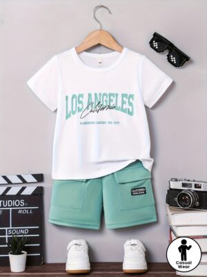A Set of Two Boys' Summer Casual New Round-Neck Short-Sleeve T-Shirts Paired with Pocketed Cargo Shorts, Lightweight And Breathable for Summer, Featuring Stylish Letter Patterns, Suitable for Outdoor Activities And Everyday Wear
