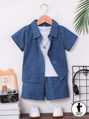 product-fmket-880df1b65922f922efbde46d383c9715 2pcs Boys' Summer Short Sleeve Button-Up Shirt & Matching Shorts - Solid Color Collar Outfit, Short Sleeve Casual Playwear for School, Outdoor, Vacation - Matching 2pcs Suit, Button Closure ( & Kids), Perfect for Outdoor