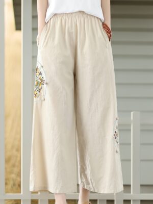 Women's wide-leg pants with pockets and embroidery details - casual straight pants, comfortable for all seasons, machine washable, comfortable clothing, decorative embroidery, soft fabric pants