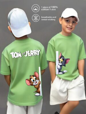 product-open-9cb4a3dbc0504f9faf0dd07446f12551-goods 100% Pure Knitted Short-Sleeve T-Shirt, Breathable And Sweat-Absorbing, a Casual And Versatile Round-Neck Short-Sleeve Top for Boys, Featuring a Cute TOM And JERRY Cartoon Print, Machine Washable - Available in 10 Options, Sweat-Resistant