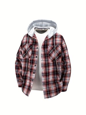 product-fancy-013e9d71-6a73-4354-af1d-e0a1ea4c43fb New Men'S Spring And Autumn Hooded Shirt Casual Jacket, Buttoned Plaid Top, Lightweight Outdoor Casual Sportswear for Men, Stylish Everyday Outfit with Pockets