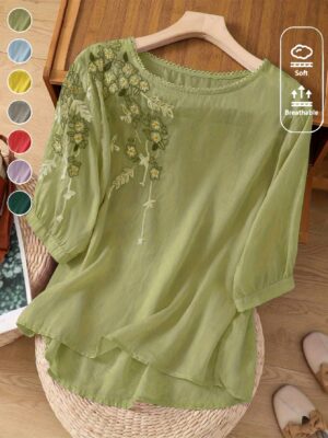 Summer Women'S Shirt in Green with Embroidery, a Fresh And Comfortable Top Suitable for Daily Outings And Casual Office Wear, Embodying a Literary And Nature-Inspired Style