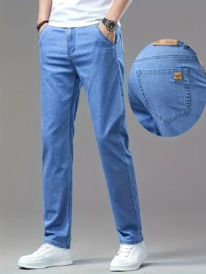 Men'S Summer Thin Business Casual Jeans Fashionable Straight Fit Summer Jeans Pants Versatile Men'S Clothing Elastic Comfortable Soft Denim Jeans Classic Design Cool Casual Jeans