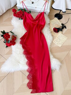Ladies' Comfortable Casual Long Sleep Dress with a Layered Neckline And Straps