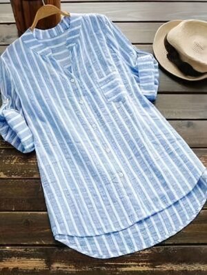 product-fancy-164046bb-55e2-4f3f-b4e8-240c91f27fde Fashionable European And American Popular Top New Casual V-Neck Striped Long Sleeved Women'S Shirt