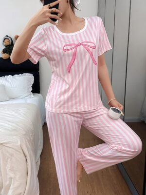 Women's Casual Pinstripe Bow-tie Short Sleeve Long Pants Pajama Set