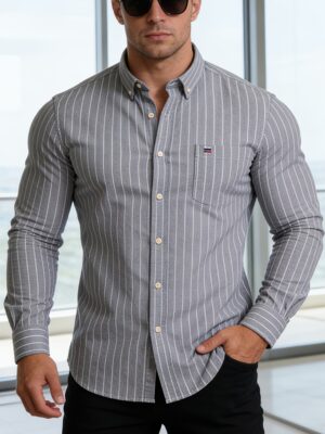 Classic Men'S Striped Oxford Shirt with Long Sleeves And Pockets, Available in Various Colors