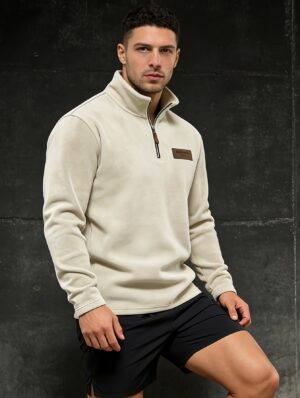 Men'S Casual Half-Zip Jacket in with a Stand Collar, Featuring a Fleece Design in a Collegiate Style