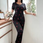 Special Discounts on Popular Items for Autumn And Winter: Women'S Short-Sleeve Pajama Set with Heart Print, Featuring Long Pants for a Comfortable And Casual Fit