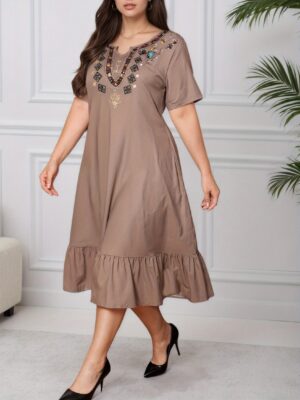 Women's Large Size Loose Retro Ruffle Skirt Home Nightgown, Retro, Ethnic Style, Simple Design