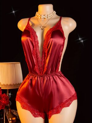 Sexy Solid Satin Lace Trim Night Romper, Deep V Neck Backless Cami Bodysuit, Women's Hot Sleepwear
