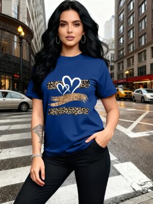 Leopard Print Heart Glitter-themed Pattern Print, Fashionable Breathable T-shirt, for Family Travel,, Casual S, Daily Commutes, Matching Outfits for Sisters, Versatile T-shirt 30057