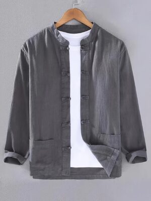 Men's Four-Season Long-Sleeve Vacation Style Traditional Chinese Style Button- Stand Collar Shirt Casual Commuter Style, Chinese Size, Please Check The Size Guide Carefully