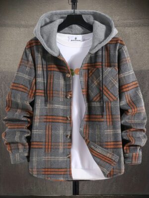 Christmas Gifts for Men: a Casual Plaid Hooded Color-Blocked Harajuku-Style Faux Two-Piece Long-Sleeve Jacket
