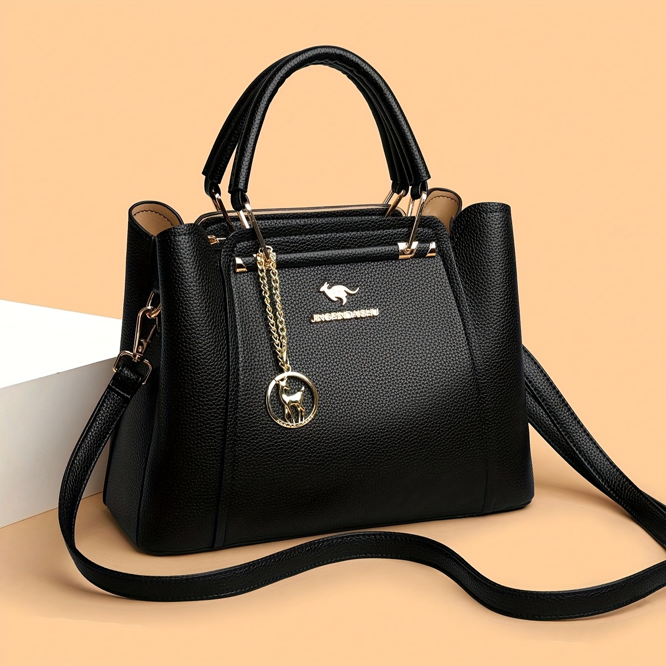 Wo 's Stylish Black Handbag with Golden-Tone Hardware & Detachable Shoulder Strap - High Quality, Lightweight, and Elegant Design for Everyday Use, Designer Handbags - Image 13