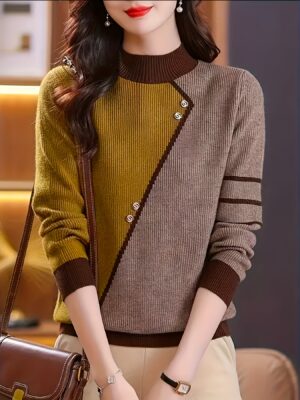 product-fancy-6146d5c4-c340-484f-9796-4e669e14e0d1 New Korean-Style Color-Blocked Half-High Neck Sweater for Spring, Autumn, And Winter 2025, Featuring a Loose Fit And Stylish Design, Perfect for Layering. Soft And Versatile Long-Sleeve Top for Women