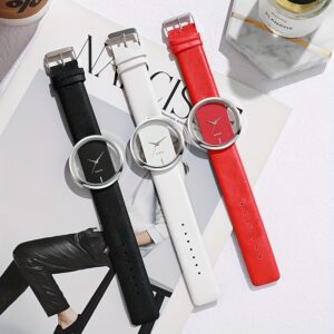 Ladies' Simple and Fashionable Quartz Watch, Hollow Dial and PU Leather Strap, Ladies' Fashionable Watch, Can Be Given as a Mother's Day Gift or Any Holiday Gift to Her