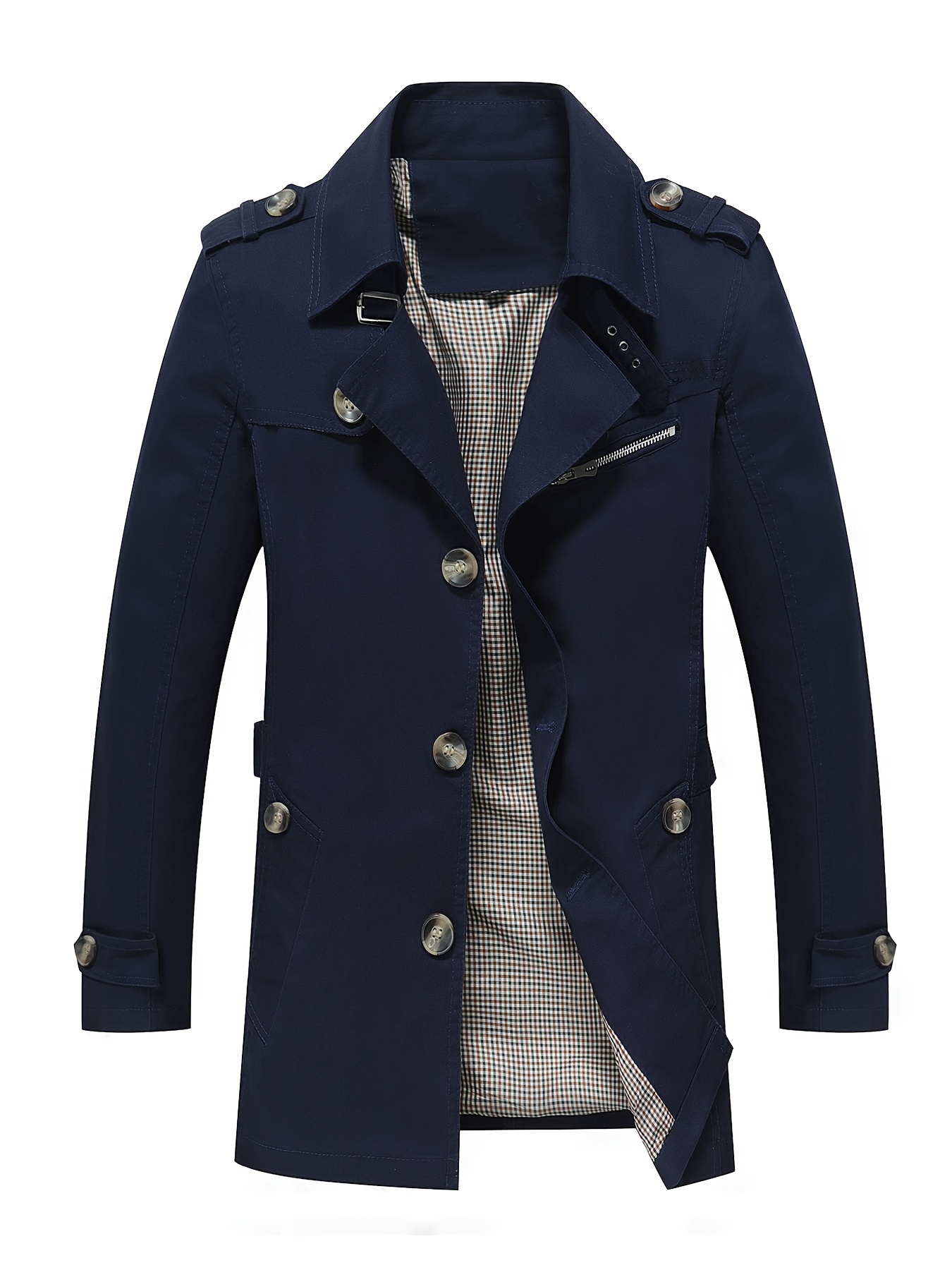 Men's Windbreaker, Men's Mid-Length Trench Coat with Turn- Collar, Casual Sport Windbreaker Jacket, Fashionable Minimalist Style, Multi-Button Design, Suitable for Outdoor Outings and Street Shopping - Image 3