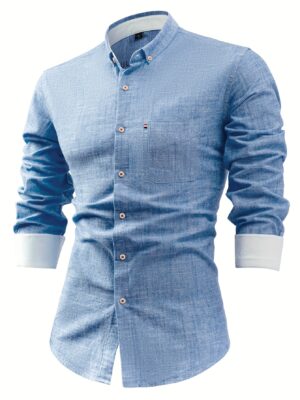 Men'S Long-Sleeve Casual Shirt Made of And Linen, Solid Color, Breathable, Stylish Top with a Vintage Cardigan Design And Pockets