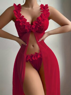 Women's Sexy Wedding Burgundy Lace Trim Mesh Floral Dress Lingerie Nightgown Set