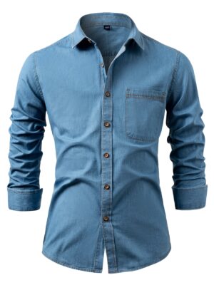 Men'S Denim Shirt Long Sleeve Casual Fashion with Pockets Lapel Men'S Top Cardigan Retro Shirt