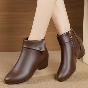 Women'S Chunky Mid-Heel Ankle Boots with Side Zipper - Brown Synthetic Cover Round Toe, Plush Lined & TPR Sole, All-Season Comfortable Casual to Formal Shoes for Everyday & Special Occasions