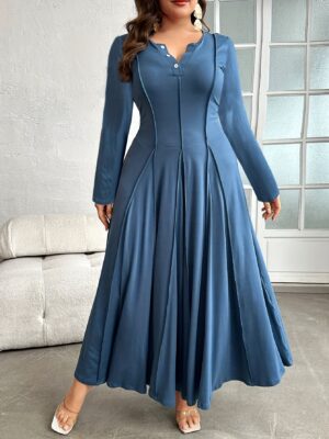 product-fancy-a4a4cbc4-f837-4296-8a96-7668b93b370a Plus Size, Button- Collar with Pleated Detail Long Sleeve Dress, Suitable for Beach, Party, Summer, Casual, Vacation, and Dating