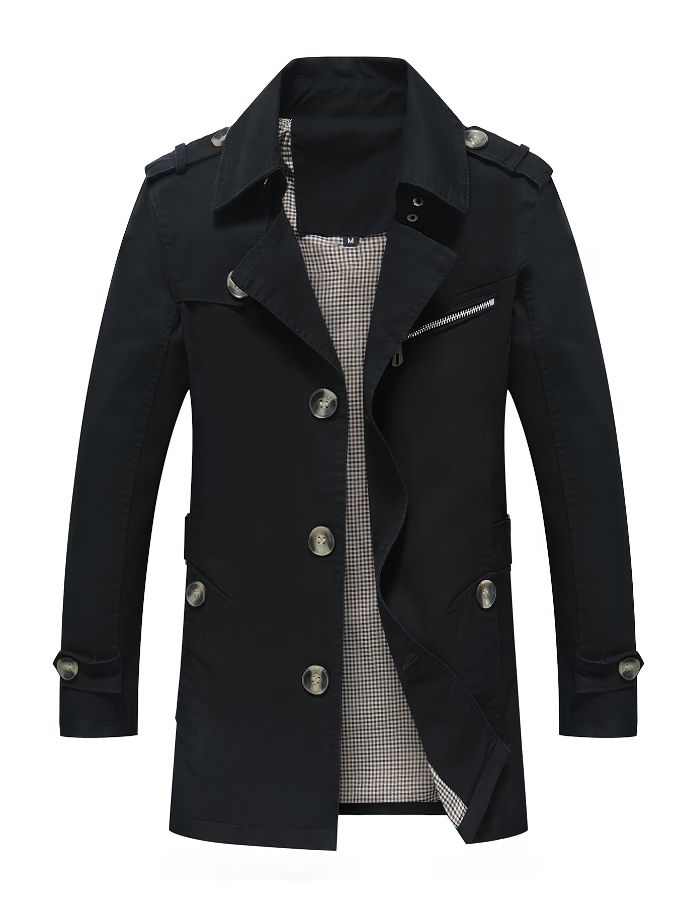 Men's Windbreaker, Men's Mid-Length Trench Coat with Turn- Collar, Casual Sport Windbreaker Jacket, Fashionable Minimalist Style, Multi-Button Design, Suitable for Outdoor Outings and Street Shopping - Image 4