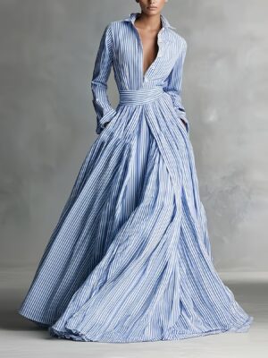 product-fancy-b6535724-2d67-4b6e-9bbc-2c8c3f20d283 A Women'S Shirt Dress with a Blue And White Striped Collar, Cinched Waist, And A-Line Silhouette, Perfect for Various Occasions Such As Casual Outings, Work, Parties, And Dates, Offering a Relaxed Yet Elegant Style