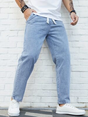 Men's Washed Denim Pants, Spring/Autumn Fashion Brand Loose Straight-Leg Elastic Waist Drawstring Versatile Japanese Style Casual Cropped Pants, Geng Yuanshi