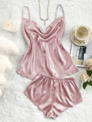 Women'S Solid Color Breathable Ruffled Neckline Camisole And Shorts Pajama Set