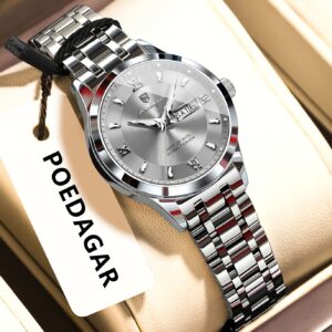 Ladies' Vintage Elegant Steel Strap Watch, Stainless Steel Quartz Wristwatch, Luminous Weekly Calendar Watch for Women