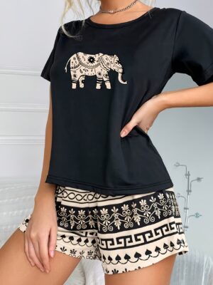 Simple Casual Elephant Pattern Women's Pajama Set