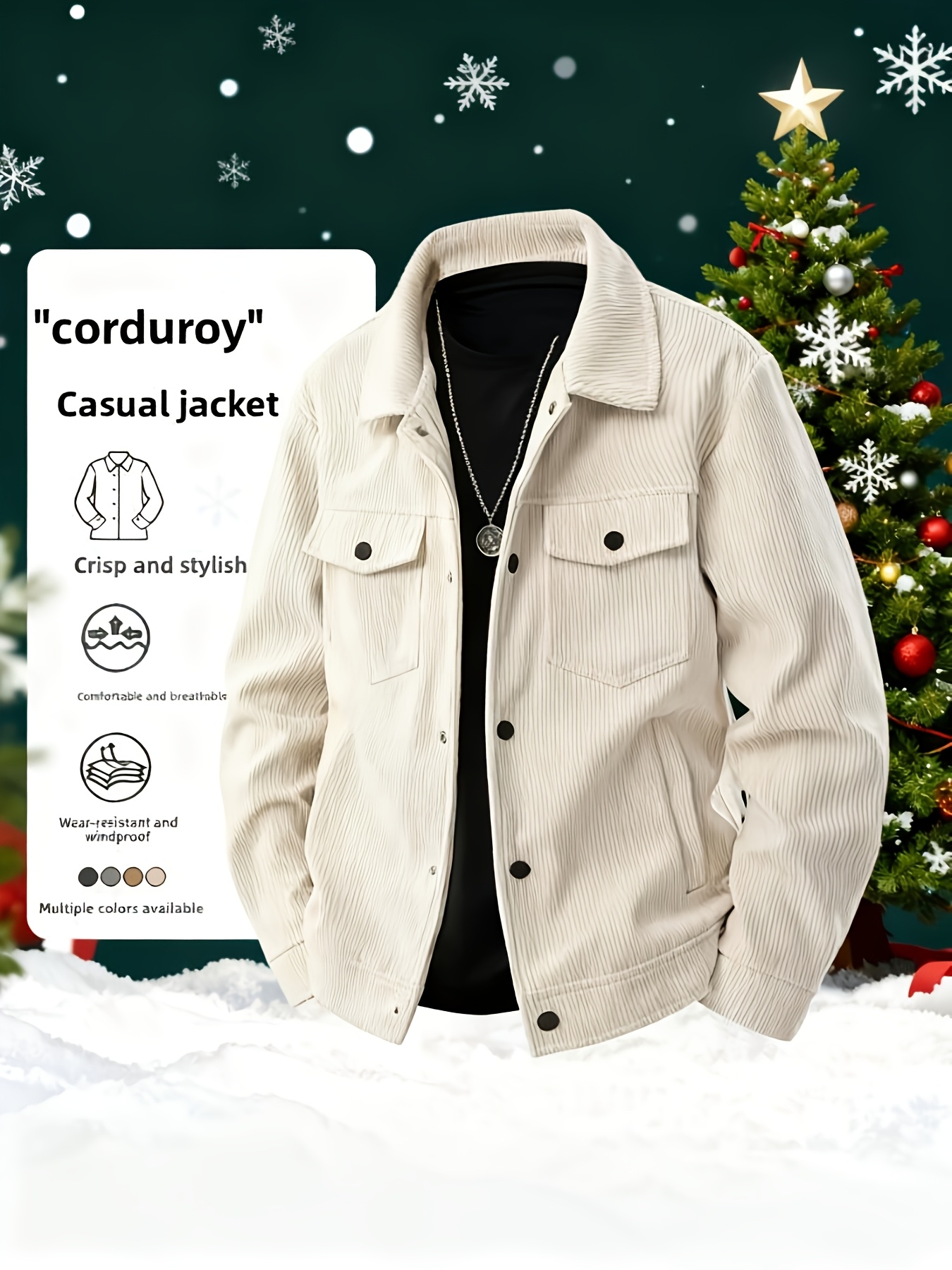 Men's Solid Color Cord Jacket with Lapel Collar - Single-Breasted Casual Blazer, Machine-Washable Spring/Fall Outerwear, Solid Color Pockets (No) for Business Casual & Smart-Casual Wear - Versatile Outer Jacket for easy Layering - Image 2