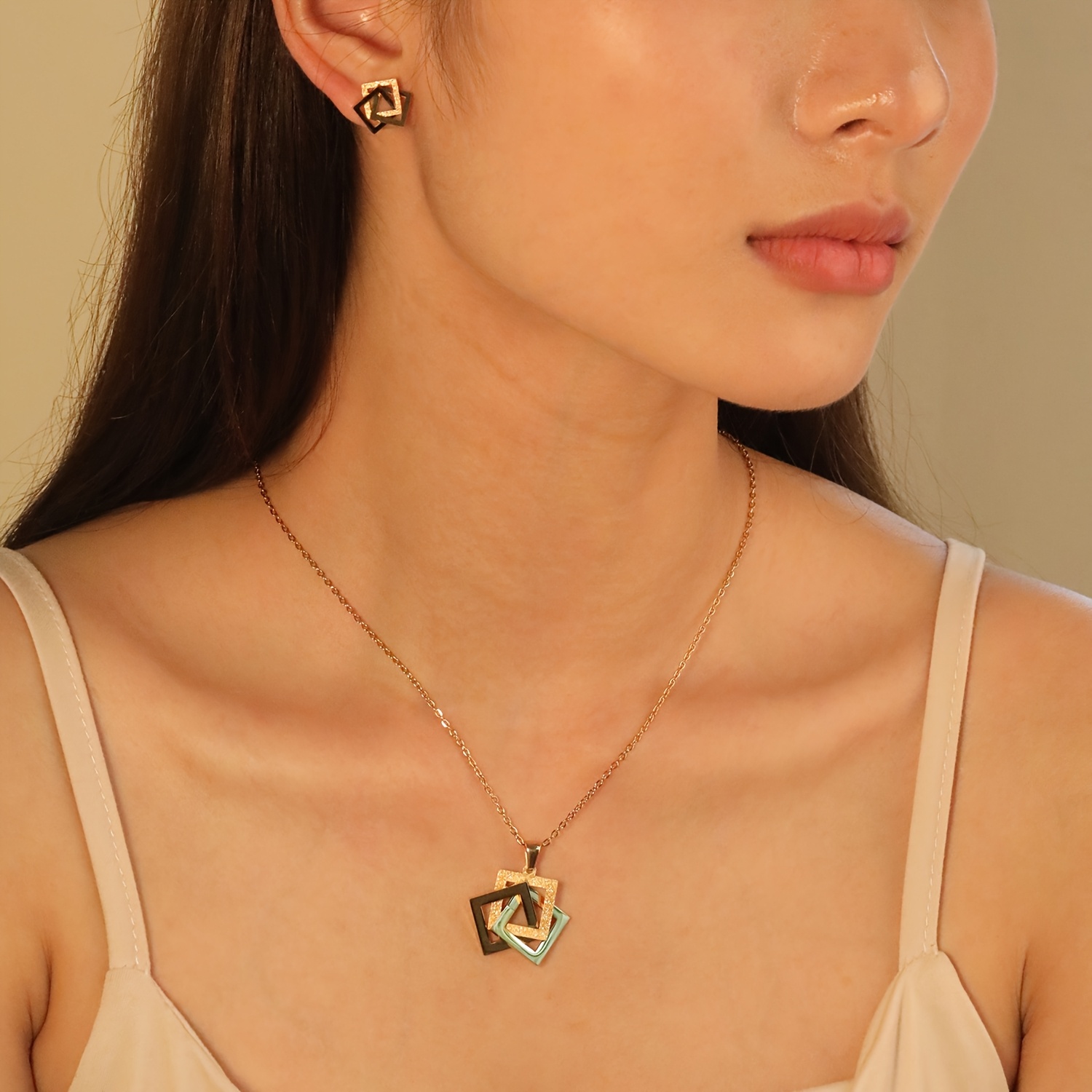 3pcs 18K Gold Plated 18K Gold Plated-Plated 316L 316L 316L 316L Stainless Steel Geometric Square Overlapping Necklace + Earrings Jewelry Set for Women, Light Luxury And Elegant, Suitable for Dating, Banquets, And Daily Wear - Image 5
