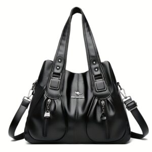 Women's Casual Tote Bag - Large Capacity Multi-Pocket Crossbody Shoulder Bag with Adjustable Strap, Zipper Closure & Bird Emblem, Deep Brown/Black for Work, Commute, Travel, Modern Iranian Style | Metallic Hardware Accents