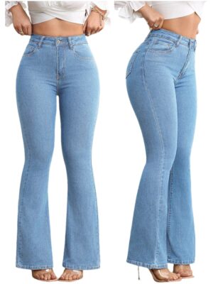 Light Blue Women'S Elastic Slim Fit Flared Jeans