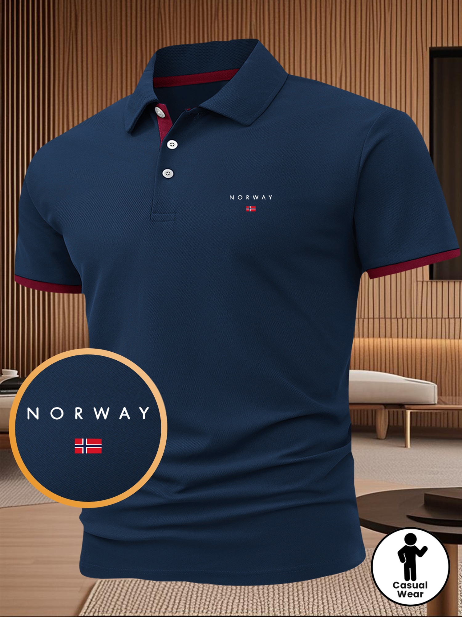 Summer Men's Letter and Flag Pattern Print Button- Shirt with Turnover Collar, Outdoor Sports Casual Business Comfortable Pique Short Sleeve Top