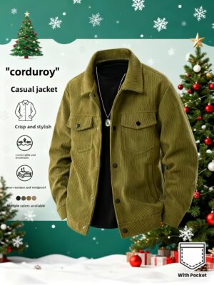 Men's Solid Color Cord Jacket with Lapel Collar - Single-Breasted Casual Blazer, Machine-Washable Spring/Fall Outerwear, Solid Color Pockets (No) for Business Casual & Smart-Casual Wear - Versatile Outer Jacket for easy Layering