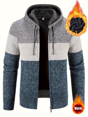 Warm Zip Up Hooded Fleece Jacket Sweater, Men's Casual Slightly Stretch Color Block Cardigan For Fall Winter