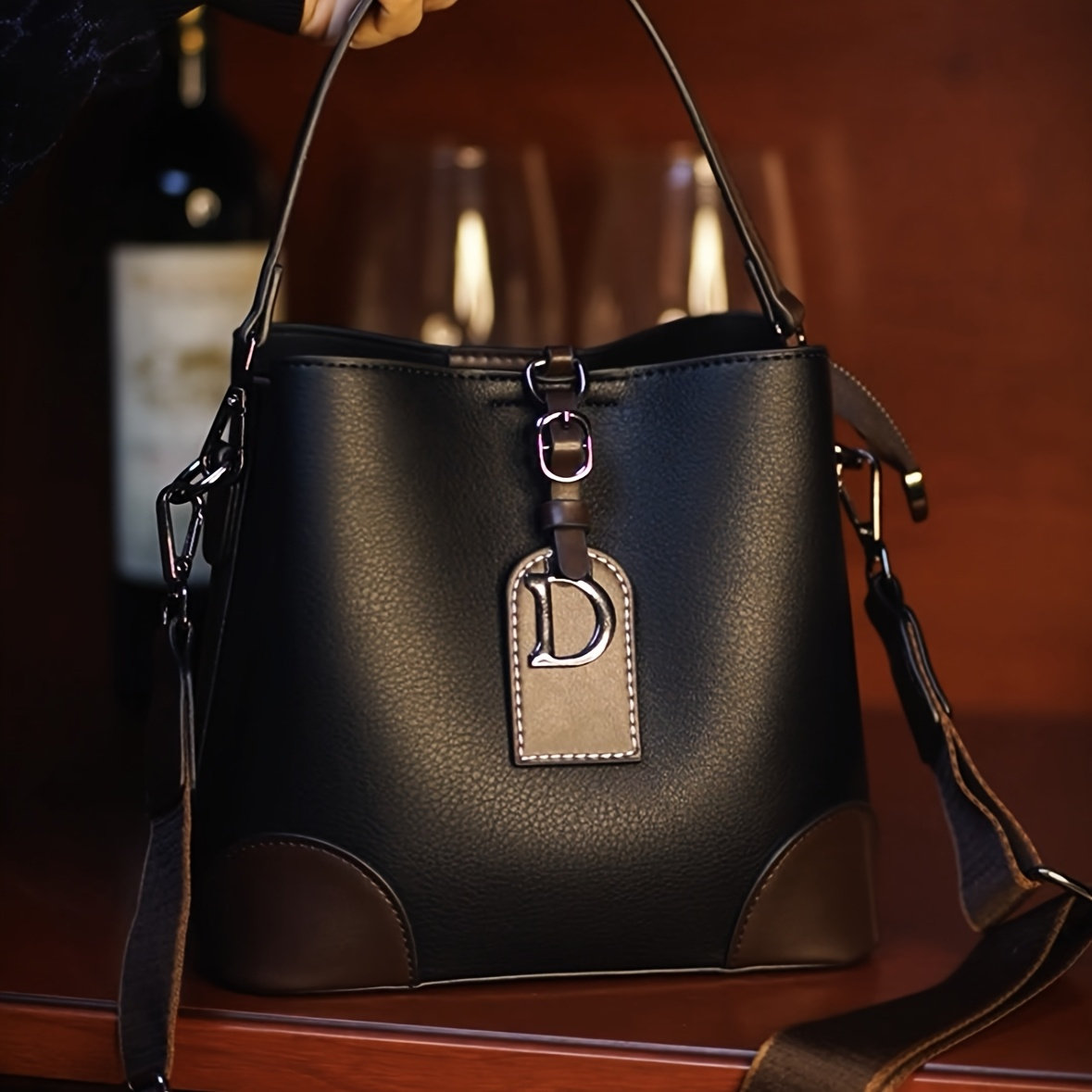 Stylish Women's Bucket Bag - Casual Crossbody, Compact Design with Golden Accents, Black/Brown, Adjustable & Detachable Strap for Everyday Use - Image 9