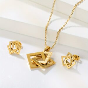 product-open-897125f6bbfd44d5b86b94e591ff6c86-goods 3pcs 18K Gold Plated 18K Gold Plated-Plated 316L 316L 316L 316L Stainless Steel Geometric Square Overlapping Necklace + Earrings Jewelry Set for Women, Light Luxury And Elegant, Suitable for Dating, Banquets, And Daily Wear