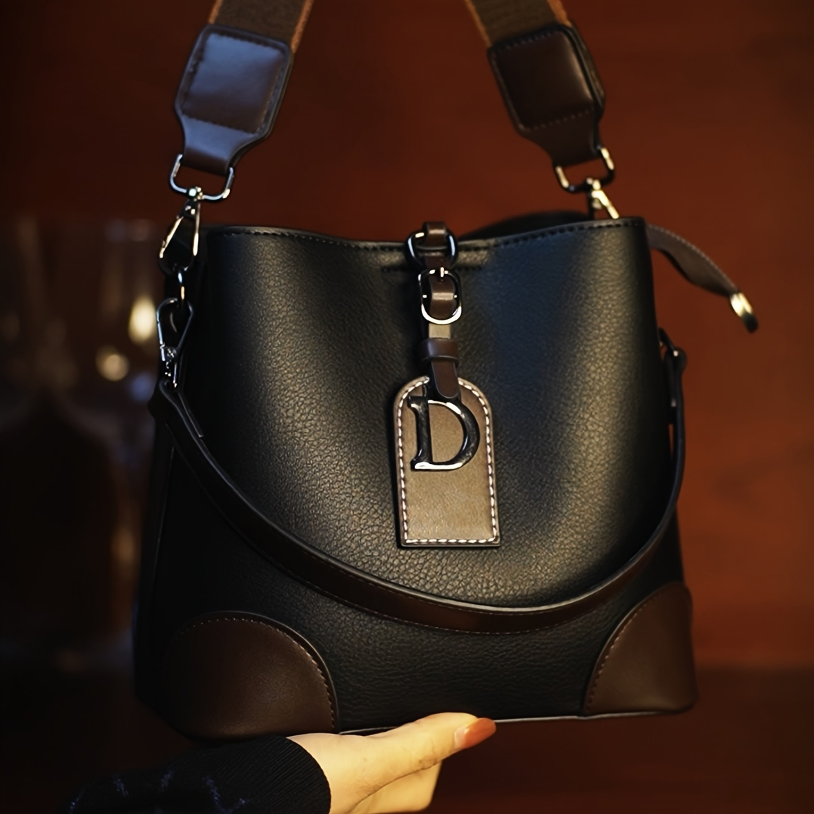 Stylish Women's Bucket Bag - Casual Crossbody, Compact Design with Golden Accents, Black/Brown, Adjustable & Detachable Strap for Everyday Use - Image 8