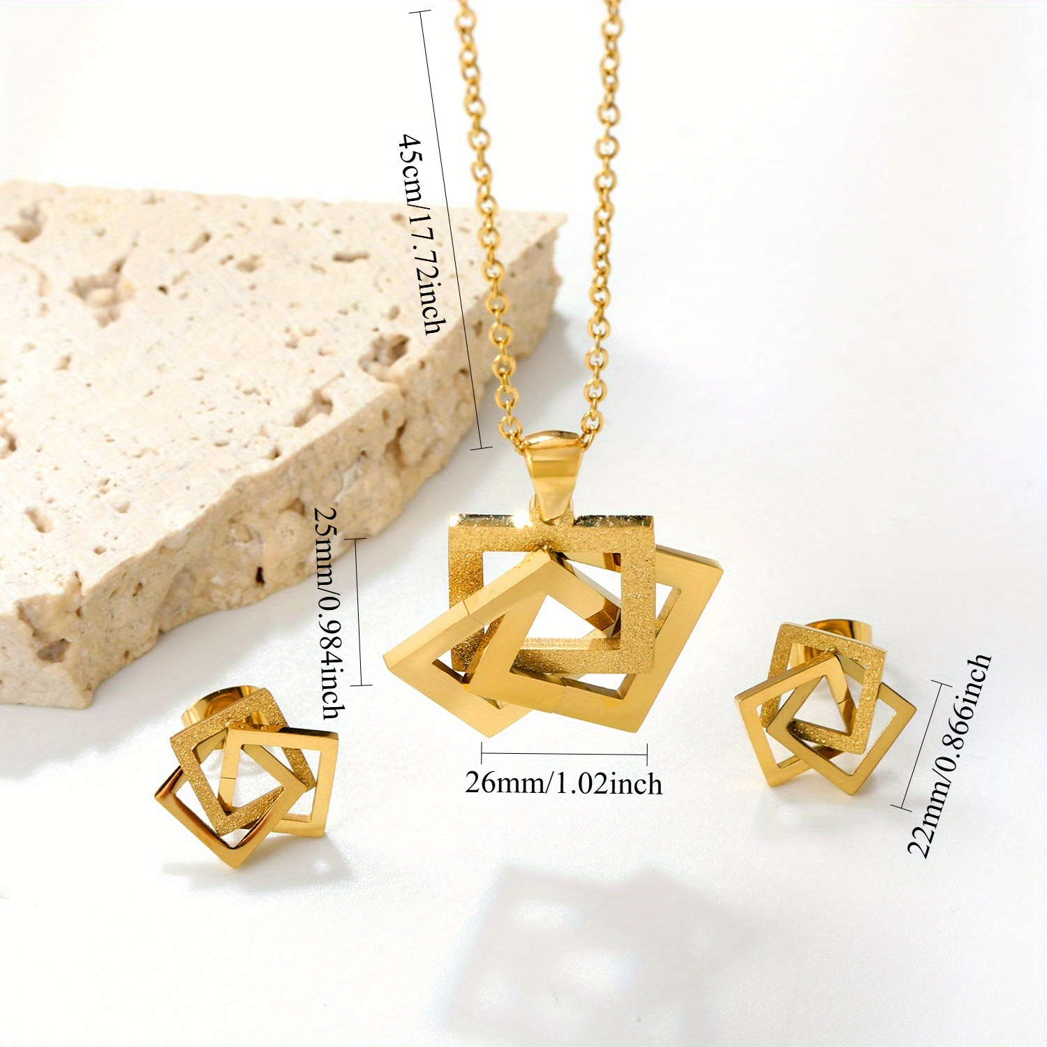3pcs 18K Gold Plated 18K Gold Plated-Plated 316L 316L 316L 316L Stainless Steel Geometric Square Overlapping Necklace + Earrings Jewelry Set for Women, Light Luxury And Elegant, Suitable for Dating, Banquets, And Daily Wear - Image 2
