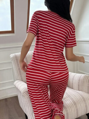 Women'S Red And White Striped Short-Sleeve Round-Neck Top And Long Pants Casual Pajama Set