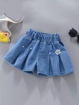 product-Fancyalgo-VirtualModelMatting-d0700d5c55ff33ebd60a7a76236ee046 Girls' denim pleated skirt, girls' summer fashion all-matching ruffled denim shorts, comfortable thin holiday beach beach denim shorts, daily casual shorts, girls' cute shorts, holiday shorts, elastic waist wear comfort